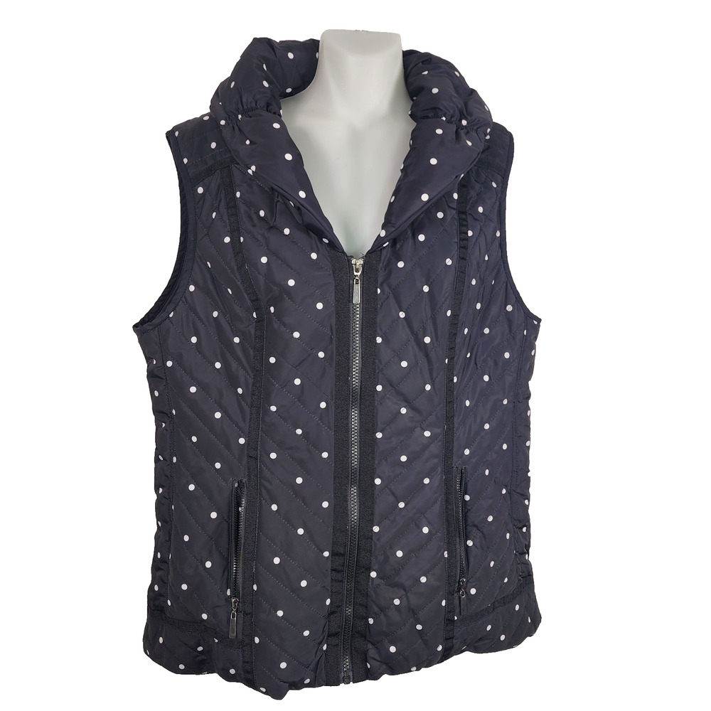 Laura Ashley Women Quilted Puffer Vest Size Large Polka Dot Black White Full Zip